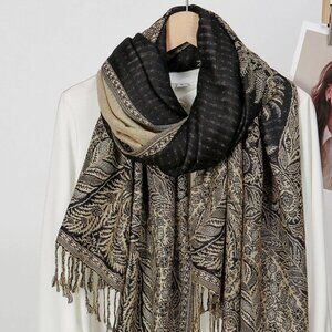 Black & Gold Beige Reversible Warm Scarf Shawl , Holiday Winter Gift Idea